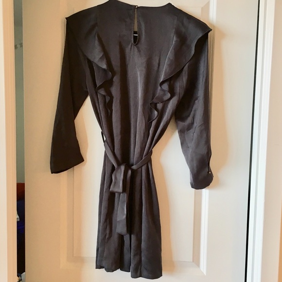 ZARA Basic • Navy Dress Ruffle Tie Long Sleeves - Picture 2 of 7